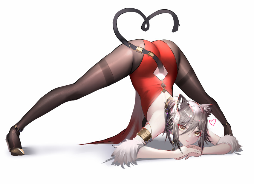 1girl absurdres alternate_costume animal_ear_fluff animal_ears arknights arm_support armlet ass bare_shoulders black_legwear breasts cat_ears cat_girl cat_tail closed_mouth clothing_cutout commentary_request dress full_body heart heart_tail high_heels highres jack-o'_challenge leotard long_hair looking_at_viewer medium_breasts own_hands_together pantyhose red_dress rib_(rib_delesetong) schwarz_(arknights) silver_hair simple_background smile solo spread_legs tail tail_cutout tail_ornament tail_ring thighband_pantyhose top-down_bottom-up white_background yellow_eyes