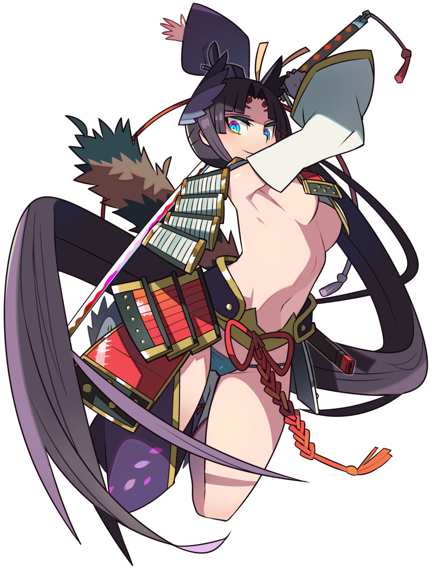 1girl absurdres armor arms_up asymmetrical_clothes asymmetrical_sleeves bangs black_hair blue_panties blush breast_curtains breasts commentary_request detached_sleeves fate/grand_order fate_(series) feather_hair_ornament feathers hair_ornament highres holding holding_sword holding_weapon japanese_armor japanese_clothes katana kometsubu kusazuri long_hair looking_at_viewer medium_breasts mismatched_sleeves multicolored multicolored_eyes navel panties parted_bangs pom_pom_(clothes) purple_sleeves rainbow_eyes revealing_clothes shaded_face sheath shoulder_armor side_ponytail sidelocks simple_background single_pantsleg smile sode solo sword tail tassel underboob underwear unsheathing ushiwakamaru_(fate) very_long_hair weapon white_background white_sleeves wide_sleeves