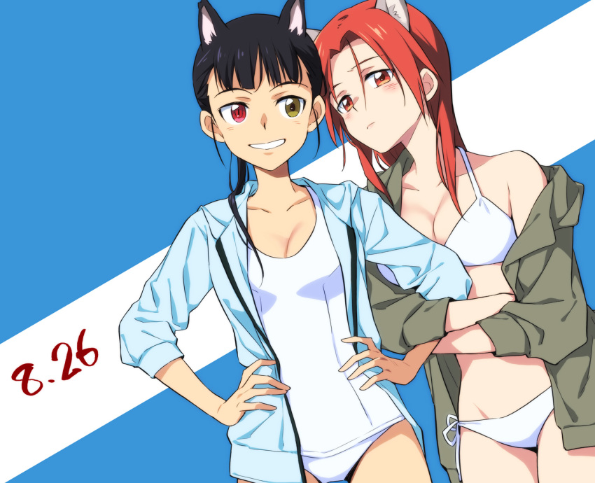 2girls agahari animal_ears bikini black_hair blue_background blue_jacket breasts closed_mouth commentary_request dated green_eyes green_jacket hands_on_hips heterochromia highres jacket long_hair looking_at_viewer medium_breasts minna-dietlinde_wilcke multiple_girls one-piece_swimsuit open_clothes open_jacket ponytail red_eyes red_hair sakamoto_mio smile strike_witches swimsuit two-tone_background white_background white_bikini white_swimsuit world_witches_series