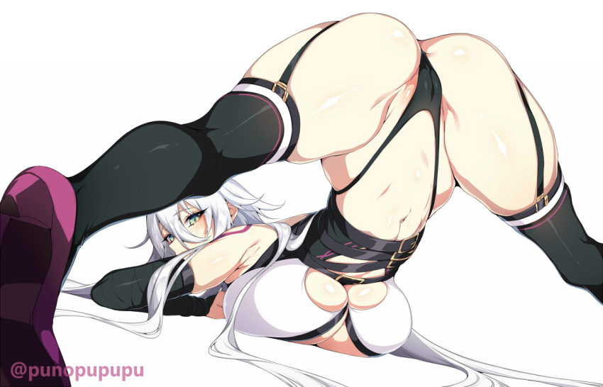 1girl arm_rest ass black_panties breasts cameltoe fate/apocrypha fate_(series) flexible from_behind hands_on_ground jack-o'_challenge jack_the_ripper_(fate/apocrypha) large_breasts long_hair looking_at_viewer looking_back navel older panties pose revealing_clothes scar scar_on_face shiny shiny_hair shiny_skin solo spread_legs stretch thong top-down_bottom-up underwear white_hair wide_spread_legs zeroshiki_kouichi