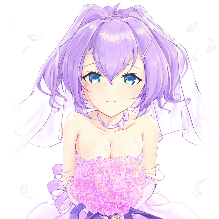 1girl azur_lane bangs bare_shoulders blue_eyes bouquet breasts bridal_veil choker cleavage collarbone commentary_request dress elbow_gloves eyebrows_visible_through_hair flower gloves hair_between_eyes hair_ornament hairclip highres holding holding_bouquet javelin_(azur_lane) javelin_(blissful_june_bride)_(azur_lane) long_hair looking_at_viewer ponytail purple_flower purple_hair purple_rose rose sidelocks simple_background smile solo strapless strapless_dress umiya_mizuki veil wedding_dress white_background white_dress white_gloves