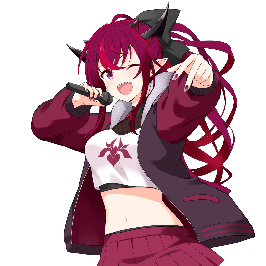 1girl ;d absurdres black_horns black_jacket breasts cosplay cowboy_shot crop_top fang felutiahime fingernails highres holding holding_microphone hololive hololive_english horns irys_(hololive) jacket large_breasts letterman_jacket long_hair looking_at_viewer microphone midriff miniskirt mori_calliope mori_calliope_(cosplay) multiple_horns nail_polish navel one_eye_closed open_clothes open_jacket open_mouth pleated_skirt pointy_ears popped_collar purple_eyes purple_nails raglan_sleeves red_skirt red_sleeves simple_background skirt smile solo virtual_youtuber white_background