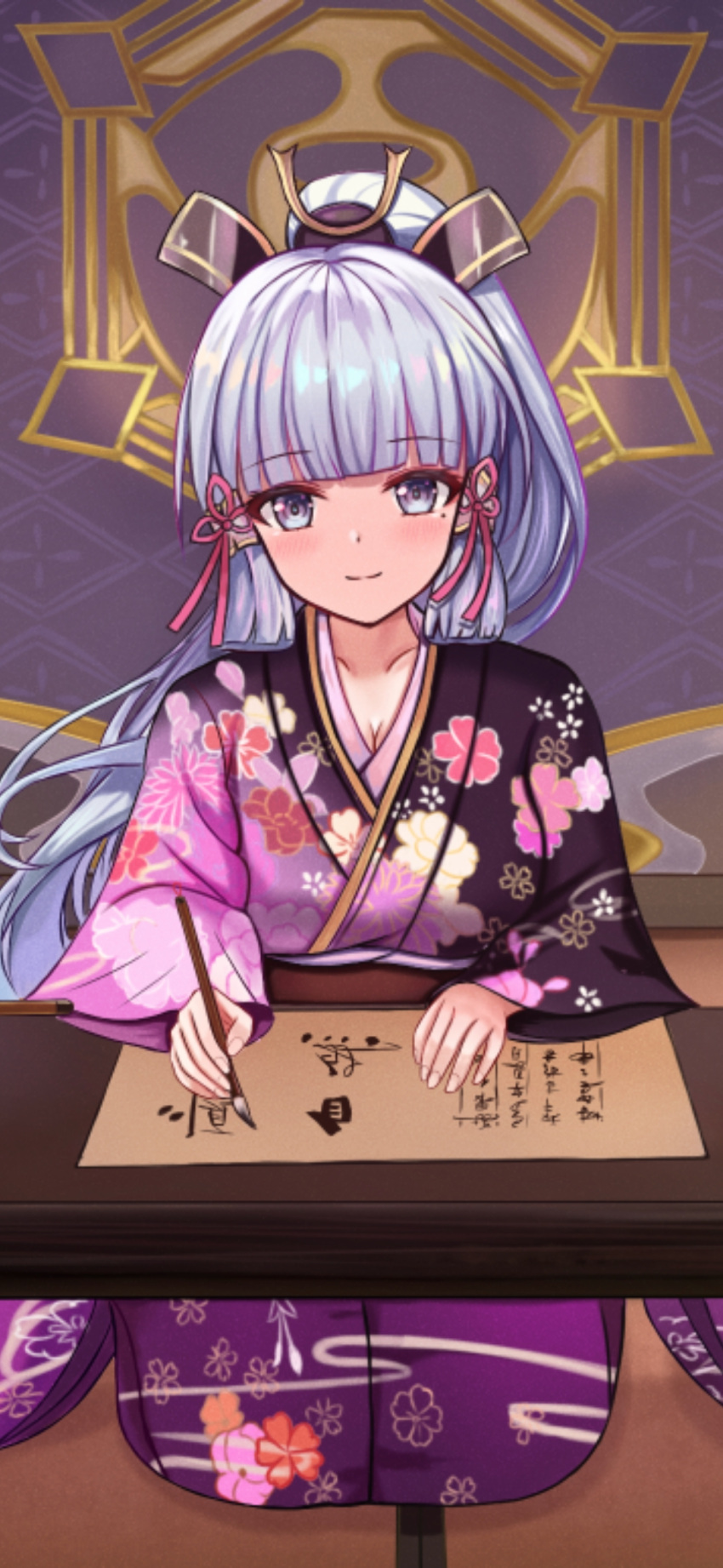 1girl bangs blue_eyes blunt_bangs blush breasts brush chinese_commentary cleavage collarbone commentary_request eyebrows_visible_through_hair floral_print genshin_impact hair_ornament high_ponytail highres holding holding_brush japanese_clothes kamisato_ayaka kimono large_breasts long_hair long_sleeves looking_at_viewer mole mole_under_eye ponytail print_kimono purple_kimono resized scroll sidelocks sitting smile solo split_mouth straight-on suangyue_qiuhua table upscaled very_long_hair wide_sleeves writing