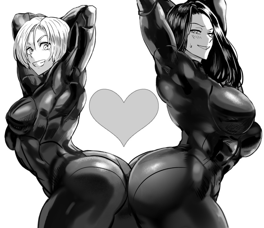 2girls arms_behind_head arms_up asami_(one-punch_man) ass ass-to-ass black_bodysuit bodysuit breasts daraz18aka greyscale heart highres large_breasts long_hair looking_at_viewer monochrome multiple_girls noria_(one-punch_man) one-punch_man short_hair simple_background smile sweat white_background