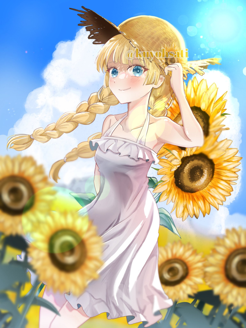 1girl bangs blonde_hair blue_eyes blue_sky blunt_bangs blurry blush bokeh braid breasts cloud depth_of_field dress flower flower_hat frilled_dress frills hat highres ibispaint_(medium) kuyohsati light_particles original sky sleeveless sleeveless_dress small_breasts solo straw_hat summer sun_hat sunflower sunlight twin_braids white_dress yellow_flower