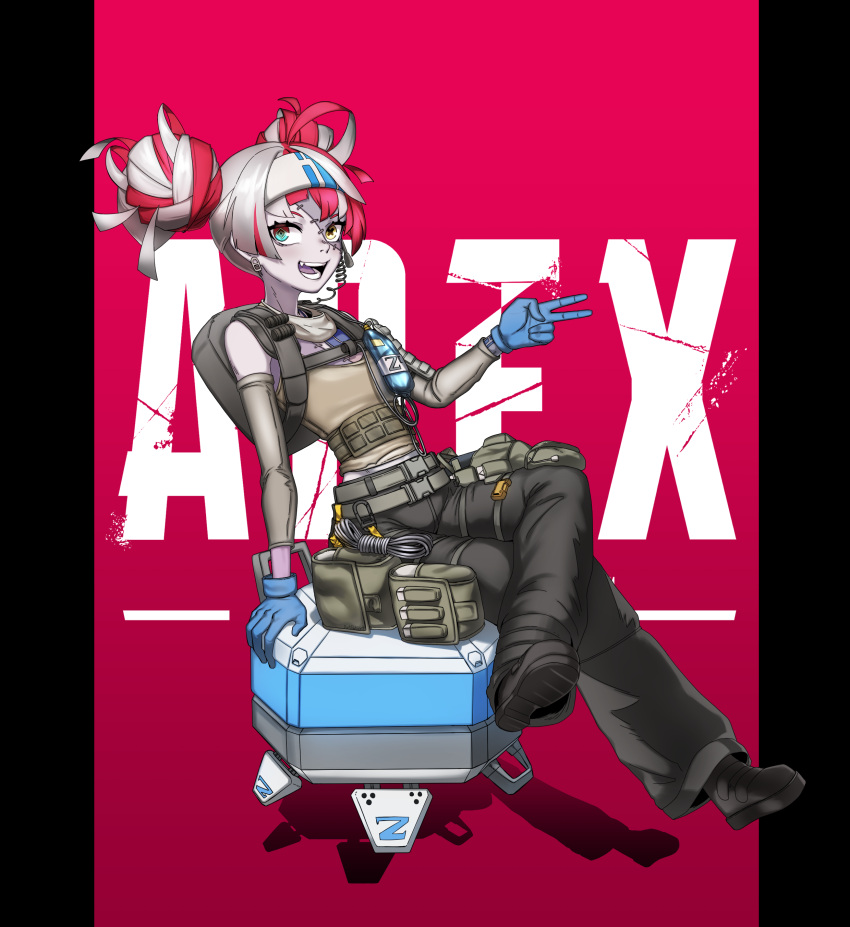 1girl absurdres apex_legends artpatient backpack bag bangs beige_tank_top black_pants blue_gloves colored_skin cosplay crossed_legs d.o.c._health_drone detached_sleeves gloves green_belt green_eyes grey_hair grey_skin headband heterochromia highres hololive hololive_indonesia kureiji_ollie lifeline_(apex_legends) lifeline_(apex_legends)_(cosplay) logo looking_to_the_side multicolored_hair open_mouth pants red_hair sitting smile solo stitched_face two-tone_hair v virtual_youtuber white_headband yellow_eyes zombie