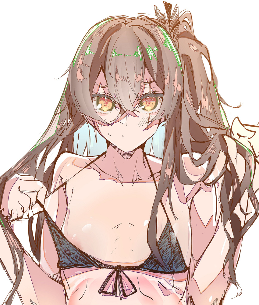 1girl absurdres areola_slip areolae bangs bikini bikini_pull black_bikini blue_hair blush breasts brown_hair closed_mouth clothes_pull colored_inner_hair crossed_bangs e_sky_rugo front-tie_bikini front-tie_top girls'_frontline hair_between_eyes hands_in_hair highres looking_at_viewer multicolored_hair one_side_up orange_eyes pulled_by_self sanpaku scar scar_across_eye simple_background sketch small_breasts solo swimsuit two-tone_hair ump45_(girls'_frontline) upper_body white_background