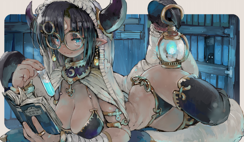 1girl ankh bikini black_bikini black_legwear blue_eyes book breasts bright_pupils closed_mouth earrings ebimomo fang fang_out forehead_jewel glasses highres holding holding_book hood hood_up horns horns_through_headwear jewelry lantern large_breasts looking_at_viewer lying on_stomach open_book original pointy_ears prehensile_wings round_eyewear smile solo swimsuit thighhighs vial