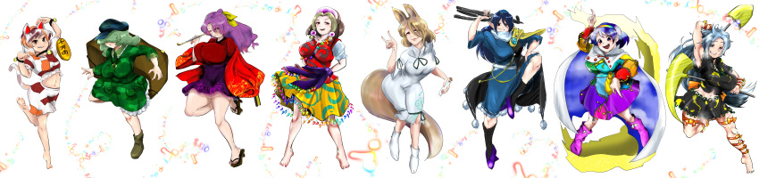 6+girls absurdres animal_ears armor barefoot blonde_hair blue_hair breasts cape cat_ears dress earrings fox_ears fox_girl fox_shadow_puppet fox_tail geta goutokuji_mike green_dress green_hair hat highres himemushi_momoyo huge_filesize iizunamaru_megumu incredibly_absurdres jewelry komakusa_sannyo kudamaki_tsukasa large_breasts long_image magatama magatama_earrings maneki-neko mob_cap multicolored multicolored_clothes multiple_girls navel pickaxe pinafore_dress pipe purple_hair short_hair shoulder_armor shovel smoking socks taeshiru tail tamatsukuri_misumaru tengu tengu-geta tenkyuu_chimata tiara touhou tripod unconnected_marketeers white_hair wide_image yamashiro_takane