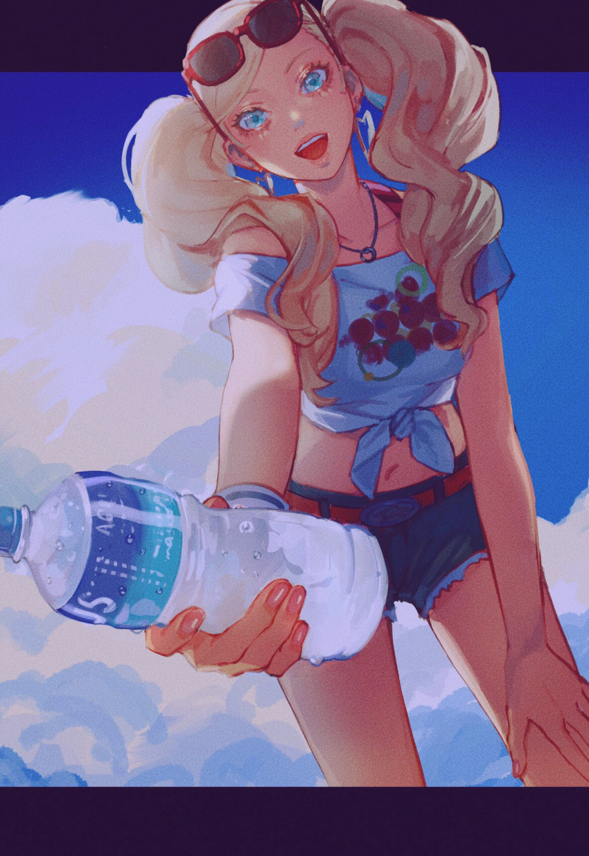 1girl alternate_costume blonde_hair blue_eyes cloud earrings eyewear_on_head highres jewelry necklace persona persona_5 persona_5_scramble:_the_phantom_strikers plastic_bottle sageo_yn shirt short_shorts shorts sunglasses takamaki_anne twintails white_shirt