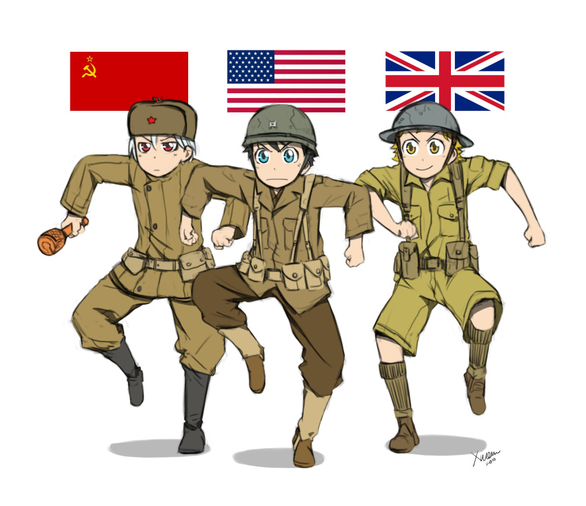 3boys america american_flag band_of_the_bold blonde_hair blue_eyes boots brown_hair explosive flag grenade helmet highres meme military military_uniform mrxinom multiple_boys original papakha shorts silver_hair soldier soviet soviet_flag uniform union_jack united_kingdom weapon white_background world_war_ii yellow_eyes