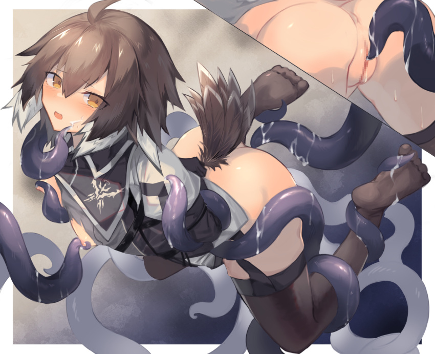 1girl ahoge anus arknights arms_behind_back ass bird_tail black_legwear blush breasts breasts_outside brown_hair censored commentary cut-away feathers garter_straps grey_shirt hair_between_eyes imminent_penetration imminent_vaginal mosaic_censoring multicolored_hair multiple_views nipple_tweak open_mouth plume_(arknights) pussy restrained sasa_onigiri shirt short_hair small_breasts sweat tail tail_feathers tentacles thighhighs torn_clothes torn_shirt two-tone_hair white_footwear white_hair yellow_eyes