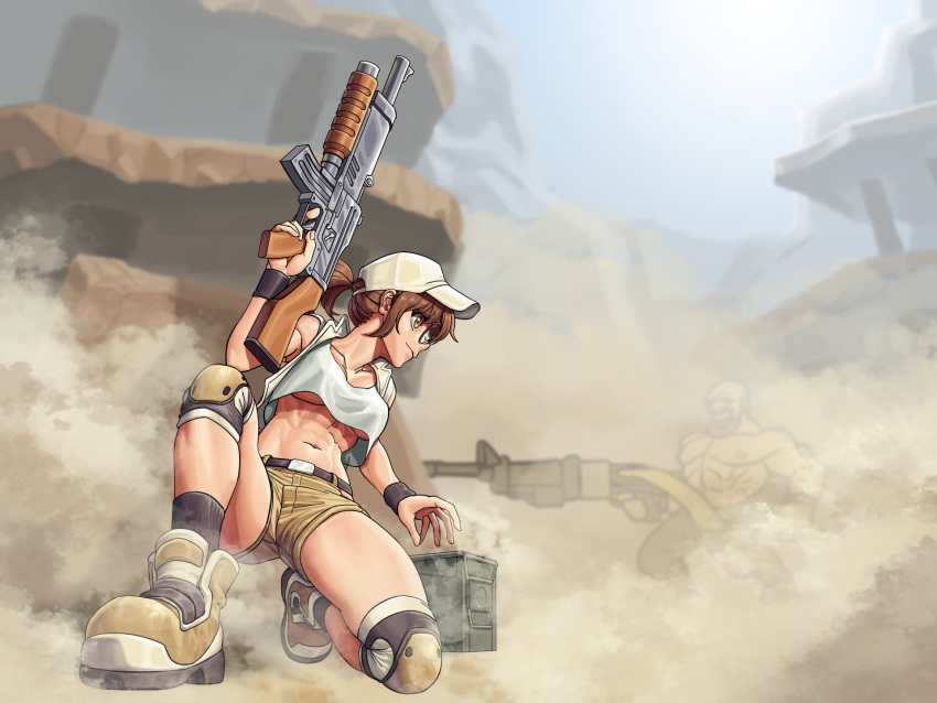 1boy 1girl abs allen_o'neil ammunition_box ankle_boots assault_rifle battle boots breasts brown_hair commentary crop_top crop_top_overhang dust_cloud english_commentary finger_on_trigger fio_germi glasses grenade_launcher gun heavy_machine_gun hiding highres holding holding_gun holding_weapon knee_pads light_brown_eyes lyoung0j machine_gun making-of_available medium_breasts metal_slug muscular muscular_male one_knee rifle round_eyewear rubble short_hair short_ponytail short_shorts shorts socks solo_focus thighs toned underbarrel_grenade_launcher underboob weapon wristband