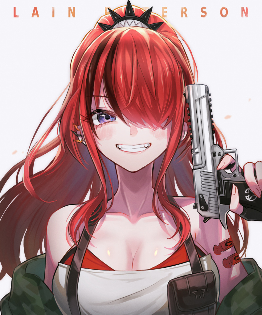 1girl ayaaa968 bandeau bangs bare_shoulders black_hair breasts camouflage camouflage_jacket character_name cleavage collarbone desert_eagle ear_piercing finger_on_trigger green_jacket grin gun hair_ornament hair_over_one_eye handgun high_ponytail highres holding holding_gun holding_weapon jacket lain_paterson large_breasts long_hair looking_at_viewer multicolored_hair nijisanji off_shoulder open_clothes open_jacket piercing pistol ponytail purple_eyes red_hair simple_background smile solo strapless streaked_hair suspenders upper_body virtual_youtuber weapon white_background white_tubetop