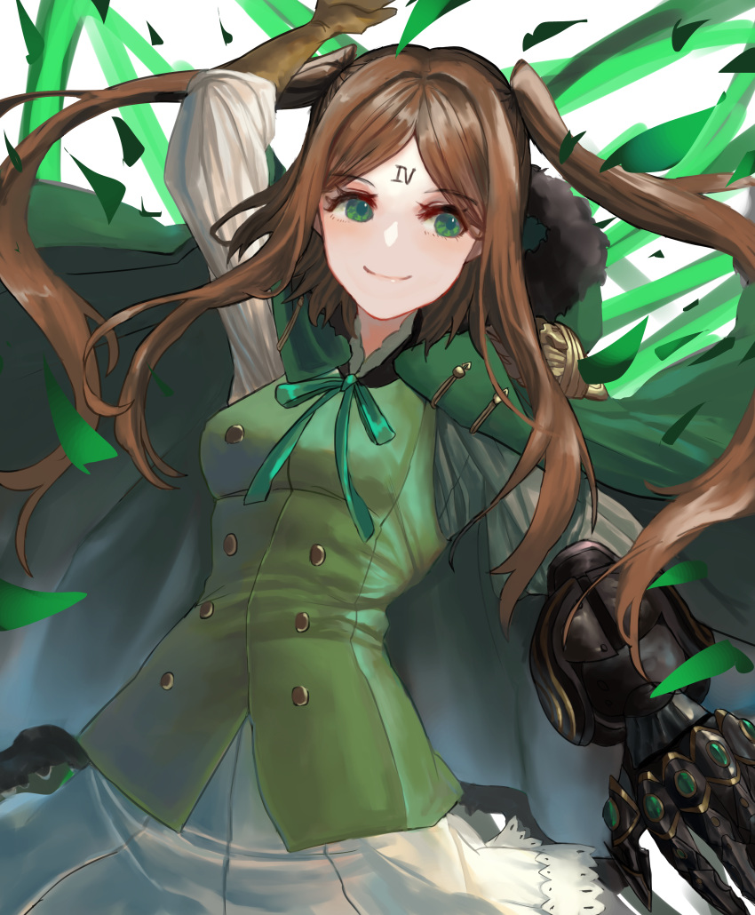 1girl absurdres arm_up asymmetrical_gloves breasts brown_hair drag-on_dragoon drag-on_dragoon_3 eyebrows_visible_through_hair facial_mark forehead_mark four_(drag-on_dragoon) fur_trim gauntlets gloves green_eyes highres jacket jacket_on_shoulders long_hair mochigana roman_numeral single_gauntlet skirt smile solo two_side_up vest