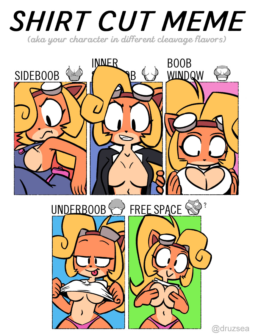 1girl :d absurdres alternate_breast_size animal_ears bangs black_eyes black_jacket blazer blonde_hair blue_overalls breasts cleavage clothes_lift coco_bandicoot commentary covering_nipples crash_bandicoot_(series) english_text eyewear_on_head fang furrowed_brow furry furry_female goggles goggles_on_head grin hair_over_one_eye half-closed_eyes highres jacket lapel large_breasts looking_at_breasts makeup multiple_views naked_overalls naughty_face navel no_bra one_eye_covered open_clothes open_jacket open_mouth orange_hair overalls panties pink_panties shirt shirt_lift smile thong tongue tongue_out underboob underwear undressing v-shaped_eyebrows white_shirt yopycmd