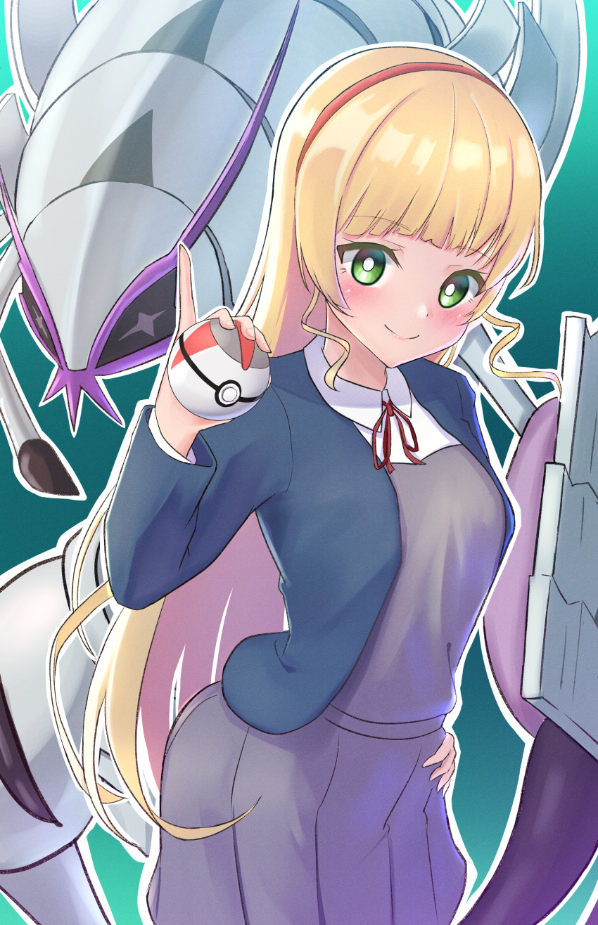 1girl absurdres bangs blazer blonde_hair blush breasts closed_mouth commentary crossover eyebrows_visible_through_hair gen_7_pokemon golisopod green_eyes hairband hand_on_hip heanna_sumire highres holding holding_poke_ball huge_filesize jacket long_hair looking_at_viewer love_live! love_live!_superstar!! medium_breasts outline panaham poke_ball pokemon pokemon_(creature) red_hairband school_uniform shiny shiny_hair sidelocks smile straight_hair timer_ball white_outline yuigaoka_school_uniform