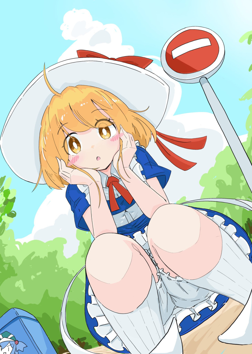 1girl ahoge blonde_hair bloomers blue_dress blush bow chestnut_mouth dress eyebrows_visible_through_hair eyelashes frilled_dress frills hands_on_own_face hat hat_bow highres kana_anaberal looking_at_viewer open_mouth outdoors red_bow red_neckwear road_sign shirt short_hair short_sleeves sign solo tatutaniyuuto touhou touhou_(pc-98) underwear white_headwear white_legwear white_shirt yellow_eyes