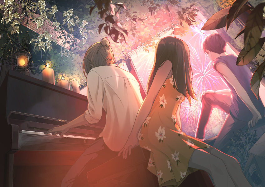 1girl 2boys absurdres black_pants brown_hair candle dress fire fireworks flame highres indoors instrument lantern looking_away macaronk multiple_boys music original pants piano piano_bench plant playing_instrument shirt sitting sleeveless vines white_shirt window yellow_dress