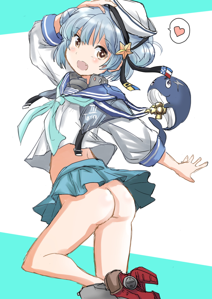 1girl aqua_neckwear ass black_ribbon blue_hair blue_sailor_collar blue_skirt dixie_cup_hat double_bun from_behind fuji_(pixiv24804665) hat hat_ribbon heart highres holding holding_clothes holding_hat kantai_collection little_blue_whale_(kancolle) long_sleeves looking_at_viewer looking_back military_hat miniskirt navy_cross neckerchief no_panties panties pleated_skirt ribbon rudder_footwear sailor_collar samuel_b._roberts_(kancolle) school_uniform serafuku shirt short_hair skirt sleeve_cuffs spoken_heart standing standing_on_one_leg underwear whale white_headwear white_shirt yellow_eyes