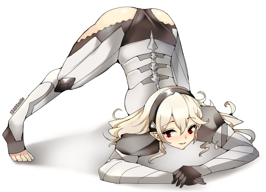 1340smile 1girl absurdres armor artist_name black_gloves black_hairband commentary corrin_(fire_emblem) corrin_(fire_emblem)_(female) fire_emblem gloves grin hair_between_eyes hairband highres jack-o'_challenge long_hair looking_at_viewer manakete meme platinum_blonde_hair pointy_ears red_eyes simple_background smile solo toeless_legwear top-down_bottom-up twitter_username white_background