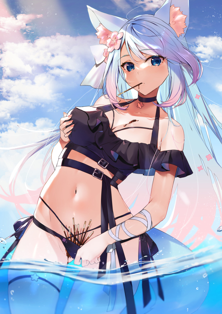 1girl ahoge animal_ear_fluff animal_ears arm_ribbon bangs bare_shoulders bikini black_bikini black_choker blue_eyes blue_hair blue_sky blush breast_lift breasts check_commentary chocolate_on_breasts choker cloud commentary_request commission cowboy_shot day eyebrows_visible_through_hair flower food food_in_mouth gradient_hair hair_flower hair_ornament halter_top halterneck highres kasumi_komo large_breasts long_hair looking_at_viewer mouth_hold multicolored_hair nail_polish navel outdoors pink_flower pink_hair pink_nails pocky ribbon side-tie_bikini silvervale skeb_commission sky solo standing stomach swimsuit tail very_long_hair virtual_youtuber vshojo wading water white_ribbon wolf_ears wolf_girl wolf_tail