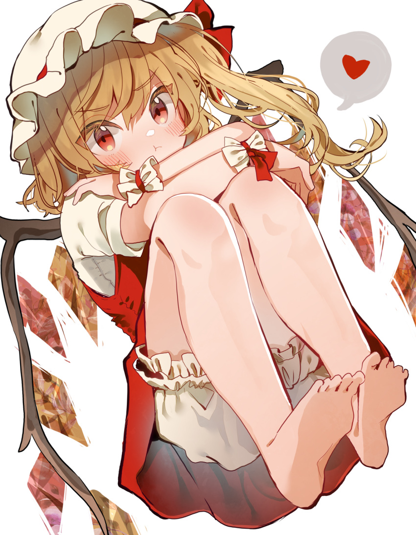 1girl bangs barefoot blonde_hair bloomers blush closed_mouth crystal dress eyebrows_visible_through_hair eyes_visible_through_hair flandre_scarlet grumpy hair_between_eyes hat hat_ribbon highres jewelry looking_at_viewer mob_cap multicolored multicolored_wings one_side_up pants red_dress red_eyes red_ribbon ribbon shirt short_hair simple_background solo tamagogayu1998 touhou underwear white_background white_headwear white_pants white_shirt wings wrist_cuffs