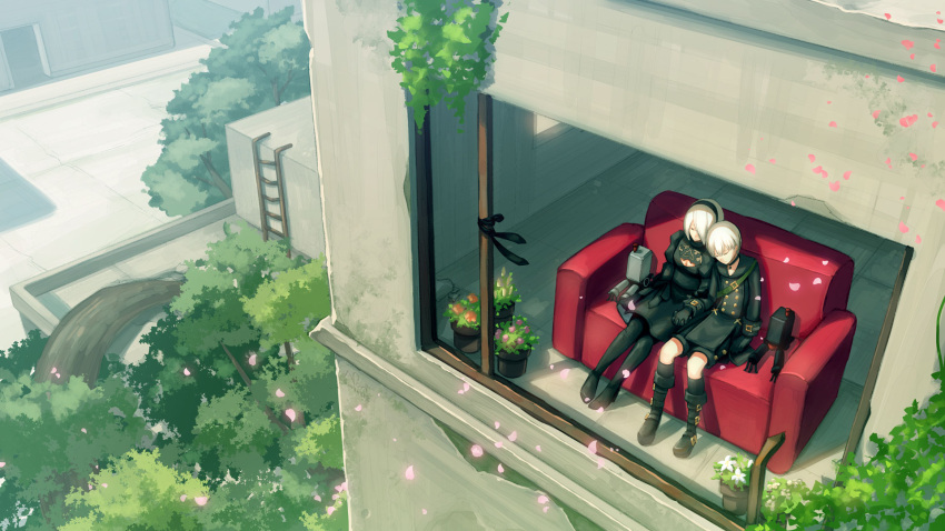 1boy 1girl bangs black_dress black_gloves black_hairband black_legwear boots branch choker closed_eyes clothing_cutout commentary couch dress flower flower_pot from_outside full_body gloves hairband head_on_another's_shoulder hetero highres holding_hands indoors ladder long_sleeves nier_(series) nier_automata nori_(infinite_r-evolution) outdoors petals pod_(nier_automata) short_hair shorts side-by-side sitting sleeping white_hair wide_shot window yorha_no._2_type_b yorha_no._9_type_s