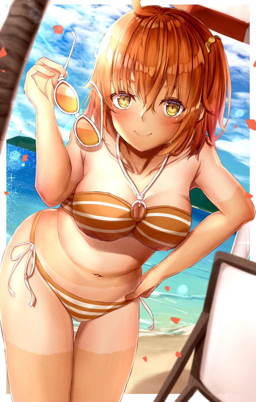 1girl absurdres bikini breasts brilliant_summer eyewear_removed fate/grand_order fate_(series) fujimaru_ritsuka_(female) hair_ornament hair_scrunchie highres holding holding_eyewear large_breasts navel o-ring o-ring_bikini o-ring_top official_alternate_costume one_side_up orange_bikini orange_eyes orange_hair orange_scrunchie ruri_rarako scrunchie shirt_tan shorts_tan side-tie_bikini solo striped striped_bikini sunglasses swimsuit tan tanlines toukan