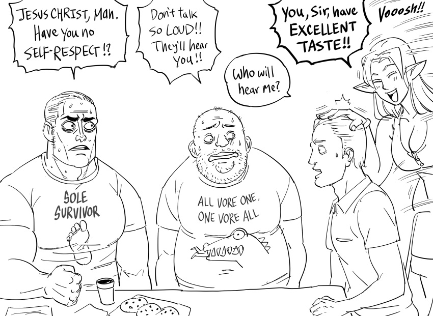 1girl 3boys :d ^^^ bald bb_(baalbuddy) beard blush breasts cleavage clothes_writing commentary cookie elf english_commentary english_text facial_hair fat fat_man food greyscale headpat highres large_breasts long_hair manly monochrome multiple_boys muscular muscular_male open_mouth original parted_lips pointy_ears print_shirt sanpaku shirt short_sleeves simple_background sitting smile sweat sweating_profusely white_background wide-eyed you_gonna_get_raped