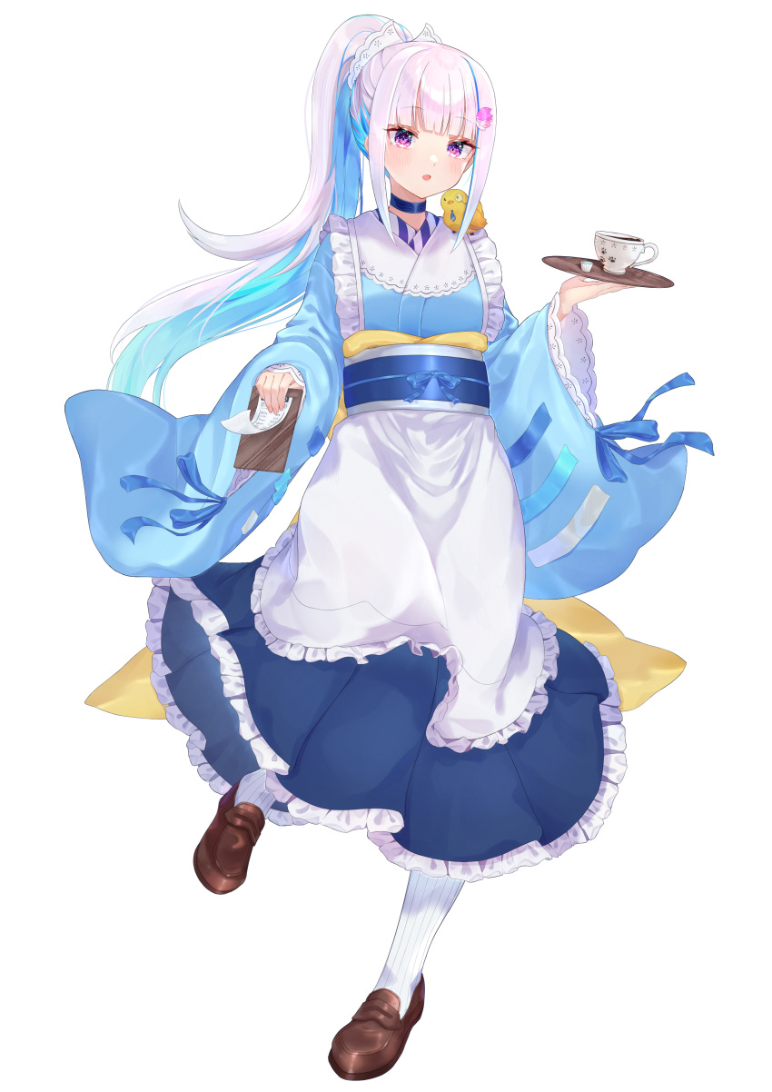 1girl :o absurdres animal_on_shoulder apron bangs blue_hair blue_kimono blue_skirt blunt_bangs blush brown_footwear colored_inner_hair commentary_request cup eyebrows_visible_through_hair frilled_apron frilled_skirt frills full_body hair_ornament highres holding holding_tray japanese_clothes kimono lize_helesta loafers long_hair long_sleeves looking_at_viewer multicolored_hair nenehotoso nijisanji notepad obi pantyhose ponytail purple_eyes sash sebastian_piyodore shoes sidelocks silver_hair simple_background skirt solo standing standing_on_one_leg tray very_long_hair virtual_youtuber wa_maid white_apron white_background white_legwear wide_sleeves
