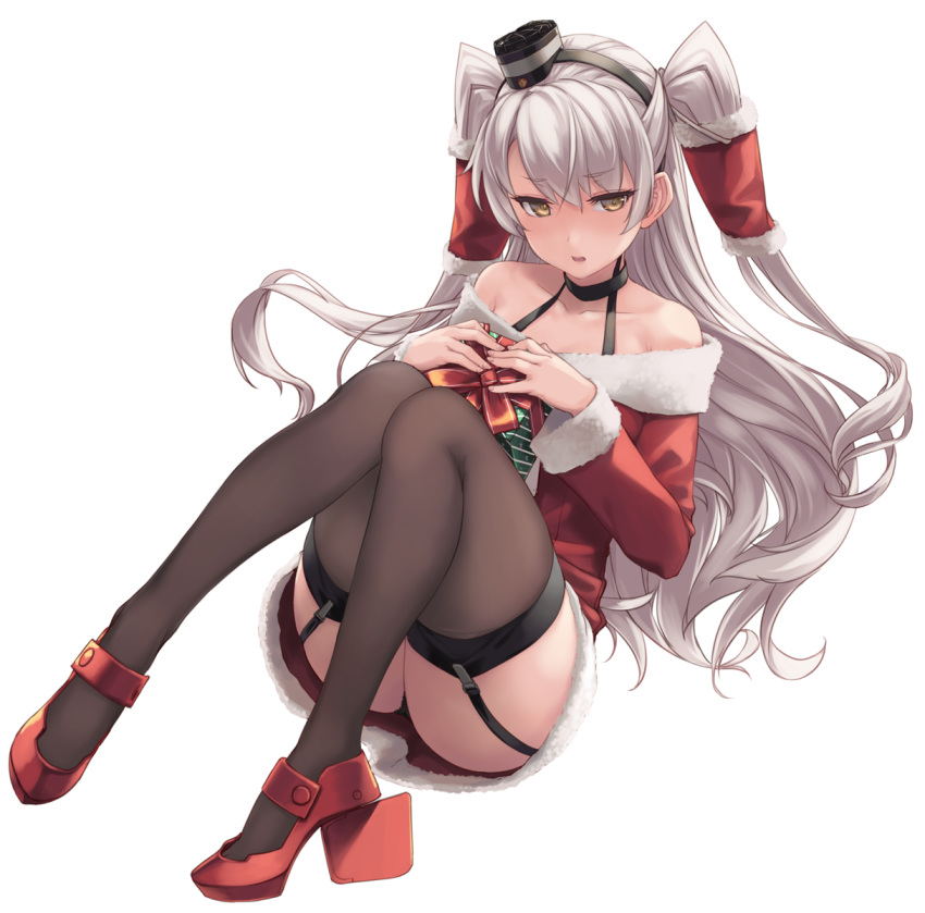 1girl amatsukaze_(kancolle) box christmas collarbone dress fur-trimmed_dress fur_trim garter_straps gift gift_box hair_tubes highres kantai_collection long_hair off_shoulder red_dress rokuwata_tomoe short_dress silver_hair simple_background thighhighs thighs two_side_up white_background windsock yellow_eyes