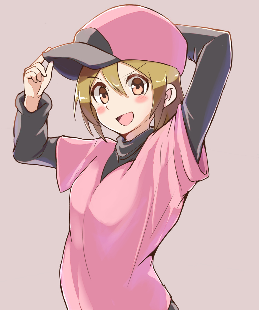 1girl :d absurdres adjusting_clothes adjusting_headwear arm_behind_head arms_up bangs baseball_cap blush_stickers breasts brown_eyes brown_hair commentary dress grey_headwear hair_between_eyes hand_on_headwear hat highres hirotaka_(hrtk990203) layered_clothing long_sleeves looking_at_viewer minna_no_rhythm_tengoku open_mouth pink_headwear pitcher_(rhythm_tengoku) rhythm_tengoku short_sleeves small_breasts smile solo turtleneck two-tone_headwear undershirt upper_body v-shaped_eyebrows