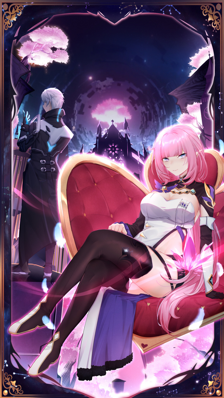 1boy 1girl 7t absurdres asymmetrical_sleeves back bangs black_coat black_footwear black_gloves boots breasts cherry_blossoms cleavage coat couch crossed_legs elysia_(honkai_impact) feathers full_body gloves hair_between_eyes highres honkai_(series) honkai_impact_3rd kevin_kaslana long_hair long_sleeves looking_at_viewer looking_back mismatched_sleeves pink_hair pointy_ears short_hair single_glove sitting thigh_boots thighhighs tree white_hair