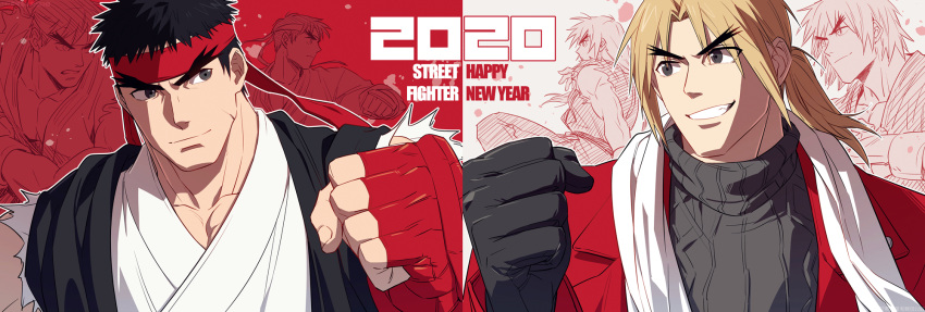 2020 2boys alternate_costume black_scarf black_sweater blonde_hair collarbone contrast couple dougi eye_contact fist_bump forked_eyebrows grin happy_new_year headband highres ken_masters looking_at_another male_focus mature_male multiple_boys muscular muscular_male new_year ryu_(street_fighter) scarf short_hair sideburns smile street_fighter sweater thick_eyebrows upper_body white_scarf yaoi yuiofire