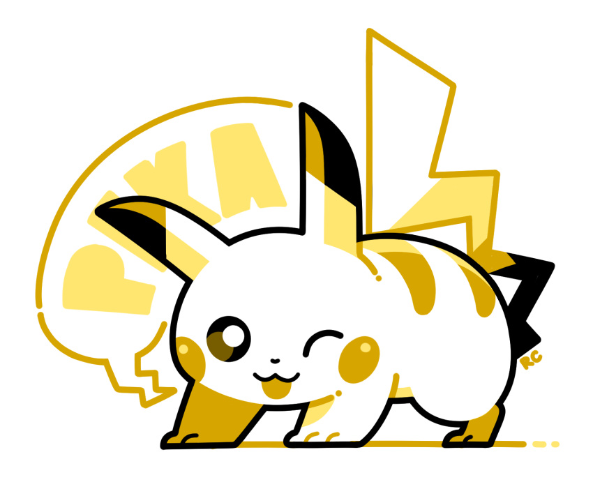 :3 :d artsy-rc commentary english_commentary full_body gen_1_pokemon highres looking_at_viewer monochrome no_humans one_eye_closed open_mouth pikachu pokemon pokemon_(creature) simple_background smile solo white_background yellow_theme