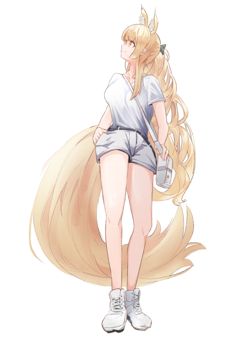 1girl absurdres alac_(408005134) alternate_costume animal_ears arknights bag bare_legs belt black_belt black_ribbon blemishine_(arknights) blonde_hair breasts casual chinese_commentary closed_mouth cross-laced_footwear eyebrows_visible_through_hair full_body hair_ribbon hand_in_pocket handbag highres horse_ears horse_girl horse_tail long_hair looking_up medium_breasts ponytail ribbon shirt shirt_tucked_in shoes short_shorts short_sleeves shorts simple_background smile sneakers solo tail wavy_hair white_background white_footwear white_shirt white_shorts yellow_eyes