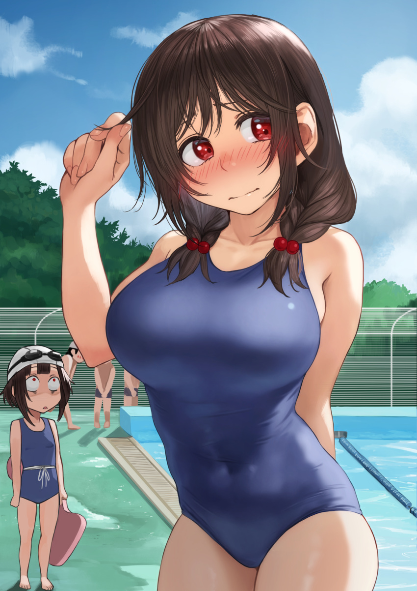 2girls 3boys arm_behind_back bangs bare_arms bare_shoulders barefoot blue_swimsuit blush braid breast_envy breasts brown_hair cloud collarbone commentary_request competition_school_swimsuit covering covering_crotch cowboy_shot day goggles goggles_on_head hair_ornament hand_up highres implied_erection izawa_koushi kono_subarashii_sekai_ni_shukufuku_wo! large_breasts medium_hair megumin multiple_boys multiple_girls one-piece_swimsuit outdoors partial_commentary pool poolside red_eyes school_swimsuit shiny shiny_clothes shiny_hair sky swimsuit twin_braids yunyun_(konosuba)