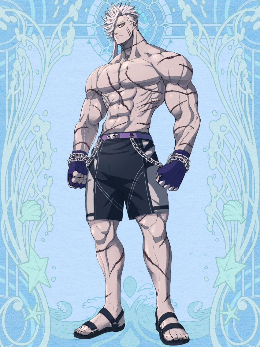 1boy abs bare_pectorals black_male_swimwear black_pants blazbluefairy chain character_request colored_skin dairoku_youhei fingerless_gloves full_body gloves grey_skin highres large_pectorals looking_at_viewer male_focus male_swimwear mature_male medium_hair muscular muscular_male navel no_nipples official_art pants pectorals purple_belt sandals scar scar_on_arm scar_on_cheek scar_on_chest scar_on_face scar_on_stomach sideburns sidecut solo spiked_hair stomach swim_trunks white_hair