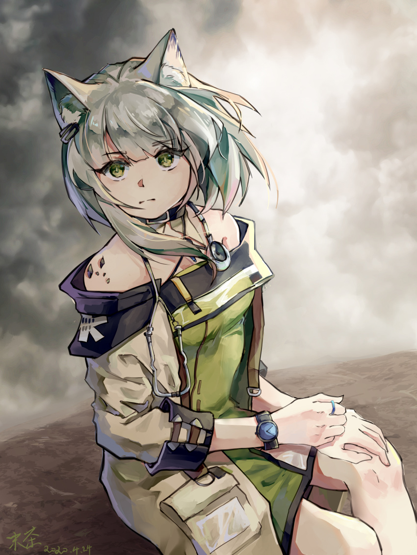 1girl absurdres animal_ear_fluff animal_ears arknights artist_name bangs bare_shoulders cat_ears closed_mouth coat collared_shirt commentary dated dress dust_cloud eyebrows_visible_through_hair feet_out_of_frame green_dress green_eyes green_hair green_pupils hands_on_lap highres huge_filesize jewelry kal'tsit_(arknights) looking_at_viewer medium_hair mocha033 off-shoulder_dress off_shoulder open_clothes open_coat oripathy_lesion_(arknights) ring shirt sitting sleeves_folded_up solo stethoscope watch white_coat wristwatch