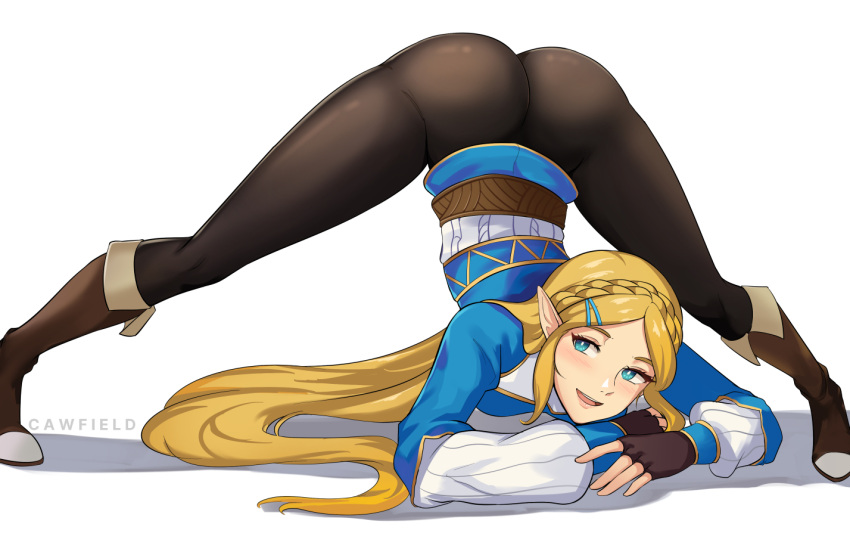 1girl ass black_pants blonde_hair blue_eyes blue_shirt boots braid brown_footwear brown_gloves cawfield commentary crown_braid fingerless_gloves flexible gloves jack-o'_challenge long_hair long_sleeves meme pants pointy_ears princess_zelda shirt solo the_legend_of_zelda the_legend_of_zelda:_breath_of_the_wild top-down_bottom-up wide_spread_legs