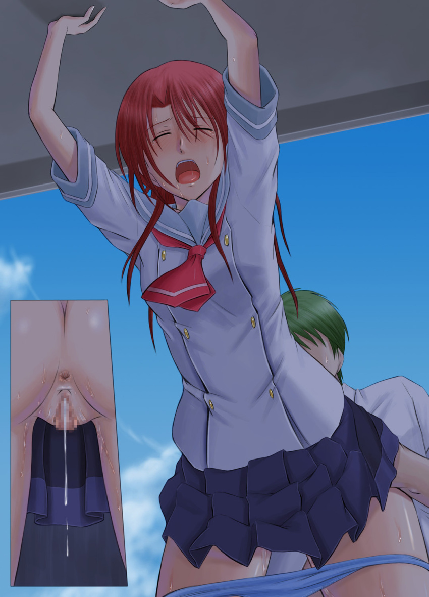 1boy 1girl after_vaginal against_wall anus blue_panties blue_skirt blue_sky bonnie_(rsg) censored closed_eyes collared_shirt cum cum_in_pussy day from_below green_hair grey_sailor_collar hair_intakes hetero highres hino_kahoko la_corda_d'oro long_hair miniskirt mosaic_censoring neckerchief open_mouth outdoors panties panty_pull pleated_skirt pussy red_hair red_neckwear sailor_collar sailor_shirt sex sex_from_behind shiny shiny_hair shiny_skin shirt short_hair short_sleeves skirt sky standing standing_sex straight_hair sweatdrop tsuchiura_ryoutarou underwear white_shirt