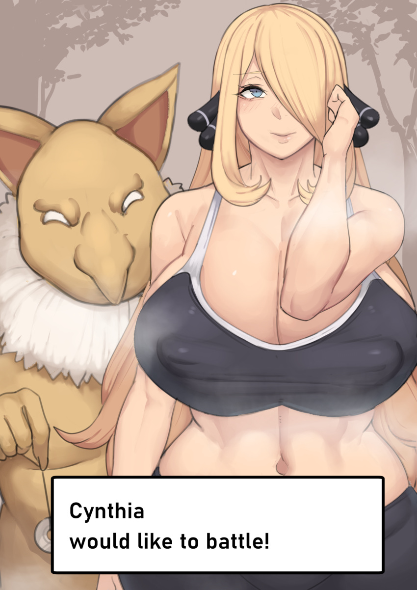 1girl 1other alternate_breast_size alternate_costume black_sports_bra blonde_hair blue_eyes blush breasts cleavage covered_nipples curvy cynthia_(pokemon) english_commentary english_text gen_1_pokemon hair_ornament hair_over_one_eye highres huge_breasts hypno long_hair metal_owl_(aden12) pants pendulum pokemon pokemon_(creature) pokemon_(game) pokemon_dppt sports_bra steaming_body taut_clothes very_long_hair wide_hips yoga_pants