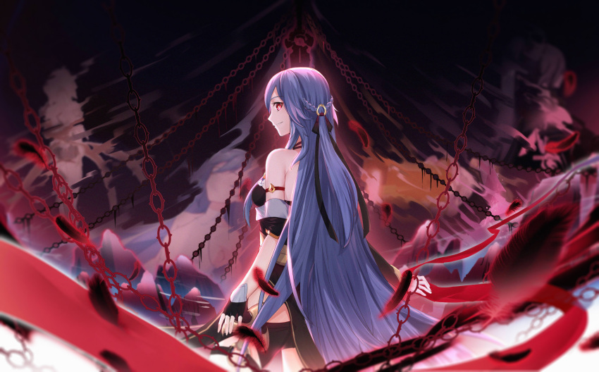 1girl 7t absurdres armpit_crease asymmetrical_gloves back bangs bare_shoulders black_gloves braid chain chinese_clothes feathers fingerless_gloves fu_hua fu_hua_(herrscher_of_sentience) gloves grey_hair grin hair_between_eyes hair_ornament highres honkai_(series) honkai_impact_3rd long_hair looking_at_viewer looking_back mismatched_gloves open_mouth red_eyes smile solo teeth white_gloves