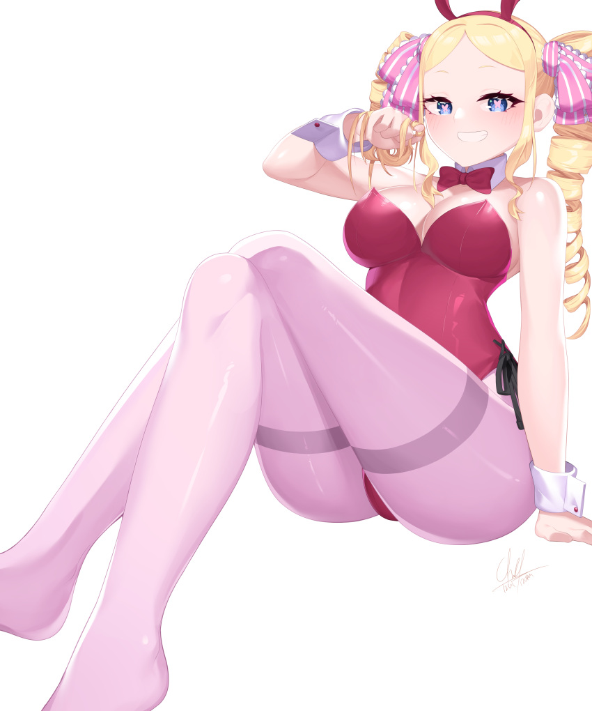 1girl absurdres alternate_breast_size animal_ears ass beatrice_(re:zero) blonde_hair blue_eyes blush bow breasts cleavage commission crossed_legs drill_hair feet grin highres izulizuru large_breasts long_hair looking_at_viewer older open_mouth pantyhose playboy_bunny playing_with_own_hair rabbit_ears re:zero_kara_hajimeru_isekai_seikatsu red_bow second-party_source sidelocks smile solo symbol-shaped_pupils thick_thighs thighs twin_drills