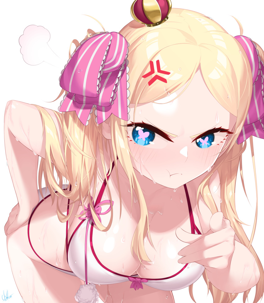 1girl absurdres alternate_breast_size angry beatrice_(re:zero) bikini blonde_hair blue_eyes blush breasts cleavage commission crown hand_on_hip highres izulizuru large_breasts leaning_forward long_hair looking_at_viewer mini_crown older pointing pointing_at_viewer pout re:zero_kara_hajimeru_isekai_seikatsu second-party_source shiny shiny_hair shiny_skin sidelocks solo swimsuit symbol-shaped_pupils tied_hair twintails water wet