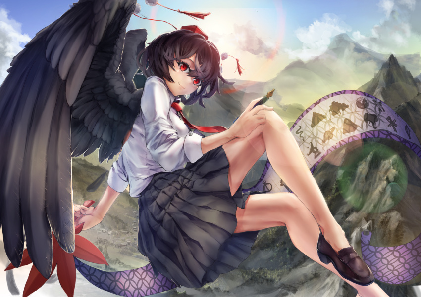 1girl asllapistone bird_wings black_hair black_legwear black_ribbon black_skirt black_wings brown_footwear clock collared_shirt day flying fountain_pen frilled_skirt frills hat hauchiwa highres kneehighs landscape mallet mountain necktie outdoors paper parabolic_antenna pen pillar pocket_watch pointy_ears railroad_crossing_ahead_sign red_eyes red_neckwear ribbon saturn_(planet) shameimaru_aya shirt shoes short_hair skirt snake solo sun tokin_hat touhou tree triangle village watch white_shirt wings