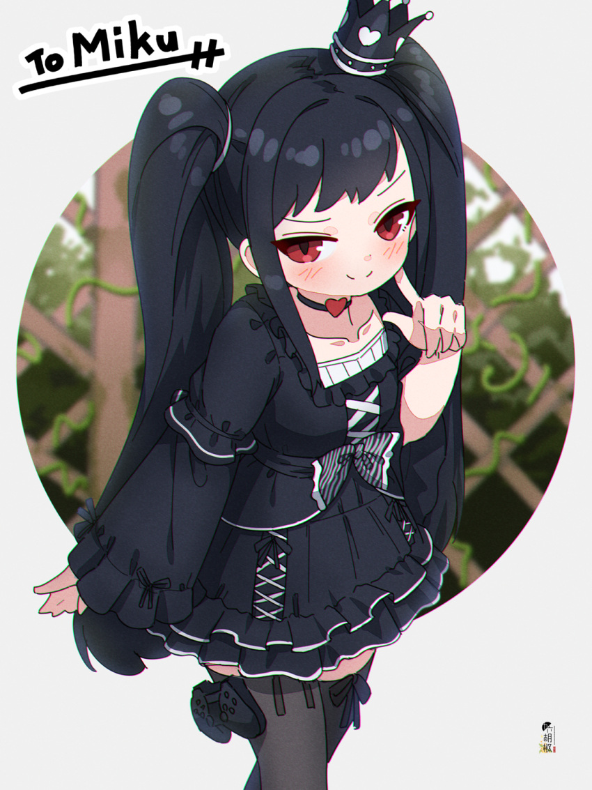 1girl bangs black_dress black_hair black_legwear blush bow breasts closed_mouth commentary commission controller crown dress finger_to_cheek frilled_dress frills game_controller gothic_lolita hand_up highres kuro_kosyou lolita_fashion long_hair long_sleeves looking_at_viewer mini_crown original red_eyes skeb_commission sleeves_past_wrists small_breasts smile solo standing thighhighs tilted_headwear twintails very_long_hair wide_sleeves