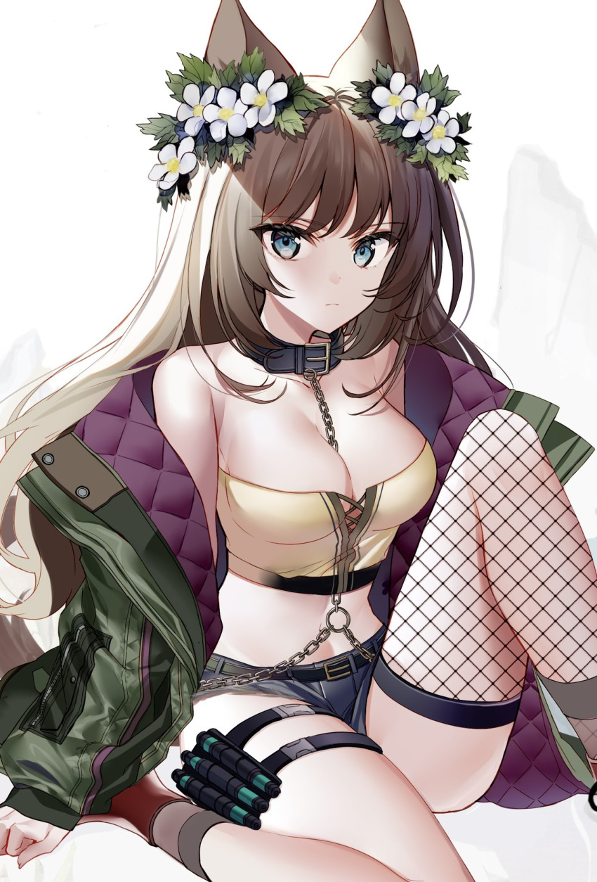 1girl animal_ears bandaid bandaid_on_knee bare_shoulders belt between_breasts blue_eyes blue_shorts boots breasts brown_hair chain cleavage closed_mouth collar collarbone crop_top cutoffs denim denim_shorts expressionless fishnet_legwear fishnets green_jacket head_wreath highres jacket kawachi_rin knee_up large_breasts long_hair looking_at_viewer micro_shorts midriff navel off_shoulder open_clothes open_jacket original puffy_sleeves red_footwear shirt shorts single_thighhigh sitting sleeveless sleeveless_shirt solo stomach strapless strapless_shirt thigh_strap thighhighs thighs tubetop unmoving_pattern wolf_ears yellow_shirt