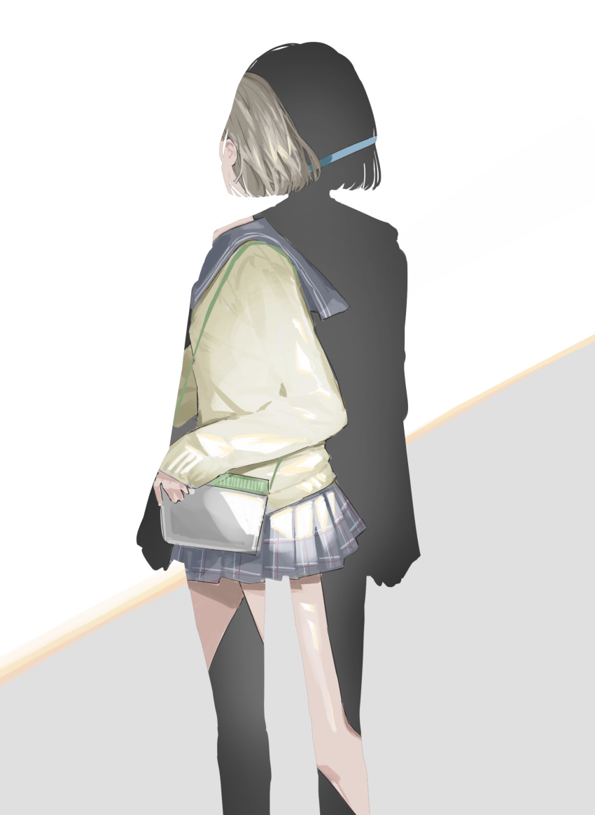 1girl bare_legs feet_out_of_frame grey_hair head_out_of_frame highres idolmaster idolmaster_shiny_colors insect_cage long_sleeves out_of_frame plaid plaid_skirt pleated_skirt school_uniform serizawa_asahi short_hair simple_background skirt sleeves_past_wrists solo sweater two-tone_background yellow_sweater yofuraruto